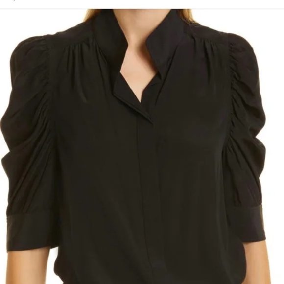 Frame Denim Tops - Frame Gillian Puff Sleeve Silk Blouse in Black